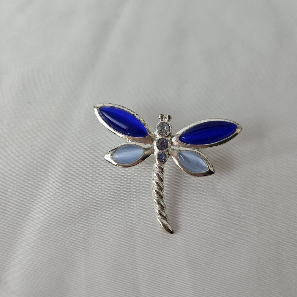 Vintage‎ Dragonfly Brooch Pin/Pendant Silvertone Blue Stone Pearlized Wings